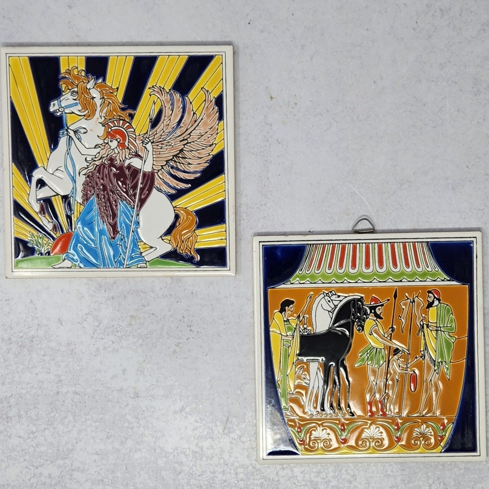 Set 2 Vintage Colorful Porcelain Ceramic Tiles Art Greek Greece, Greek Mythology